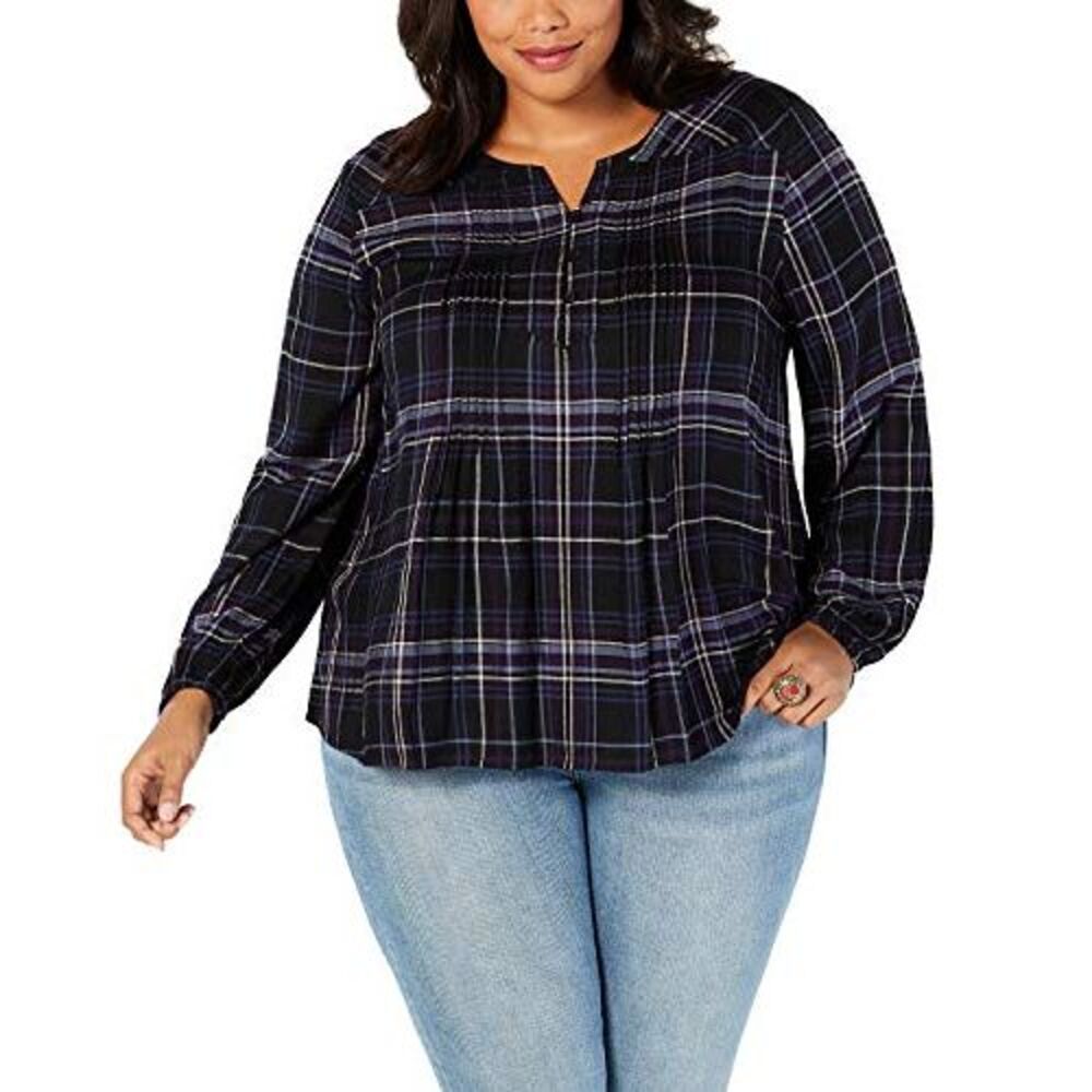 Plus Size Plaid Pleated Blouse Blue Marvel Plaid Black 0X
